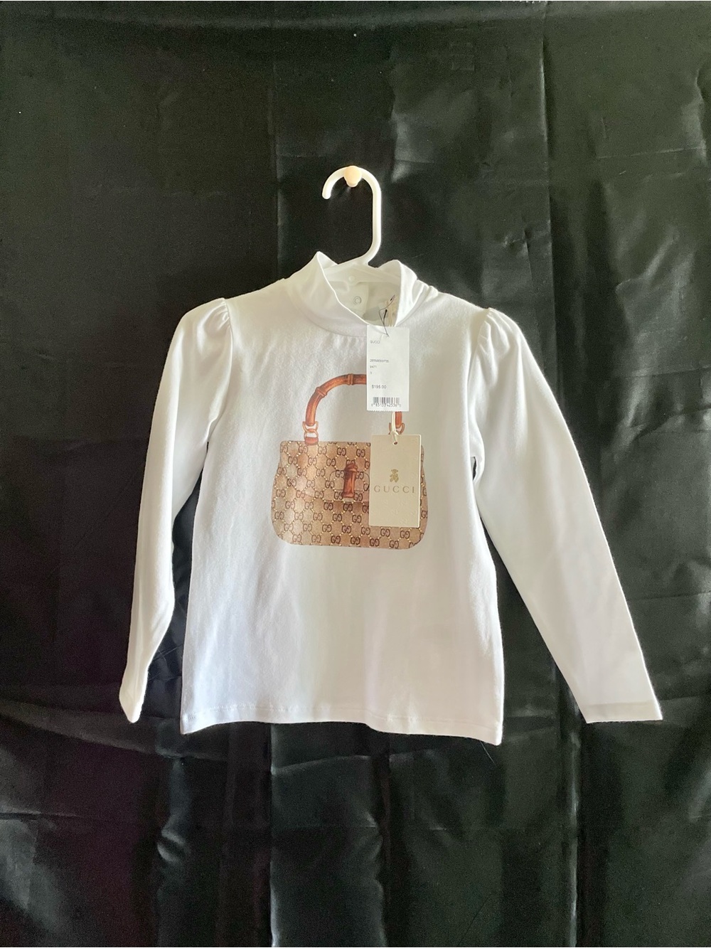 Gucci White Girls' Long Sleeve Tee with Tan Purse Graphic